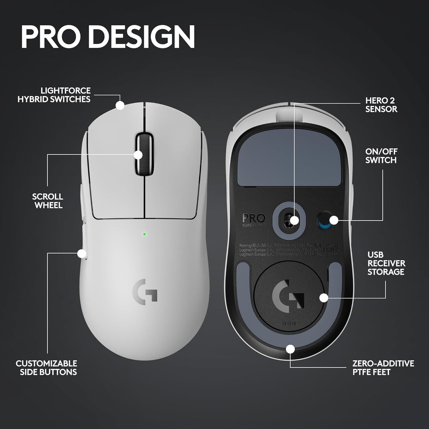 Logitech G PRO X SUPERLIGHT 2 LIGHTSPEED Wireless Gaming Mouse, Lightweight, LIGHTFORCE Hybrid Switches, HERO 2 Sensor, 32,000 DPI, 5 Programmable Buttons, USB-C Charging, PC & Mac - White - 7